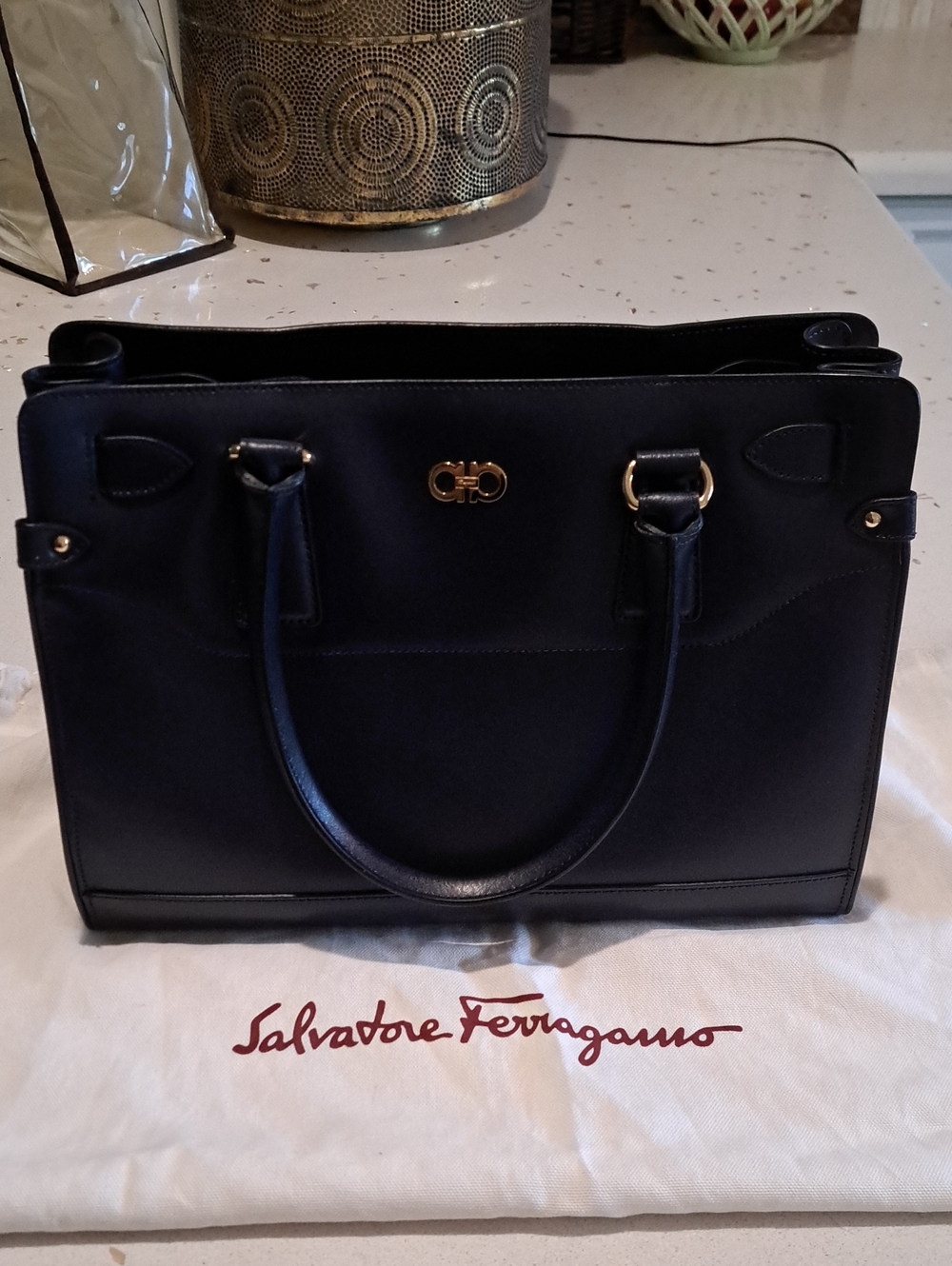 Salvatore Ferragamo Navy Leather Briana Bag with Gold Hardware